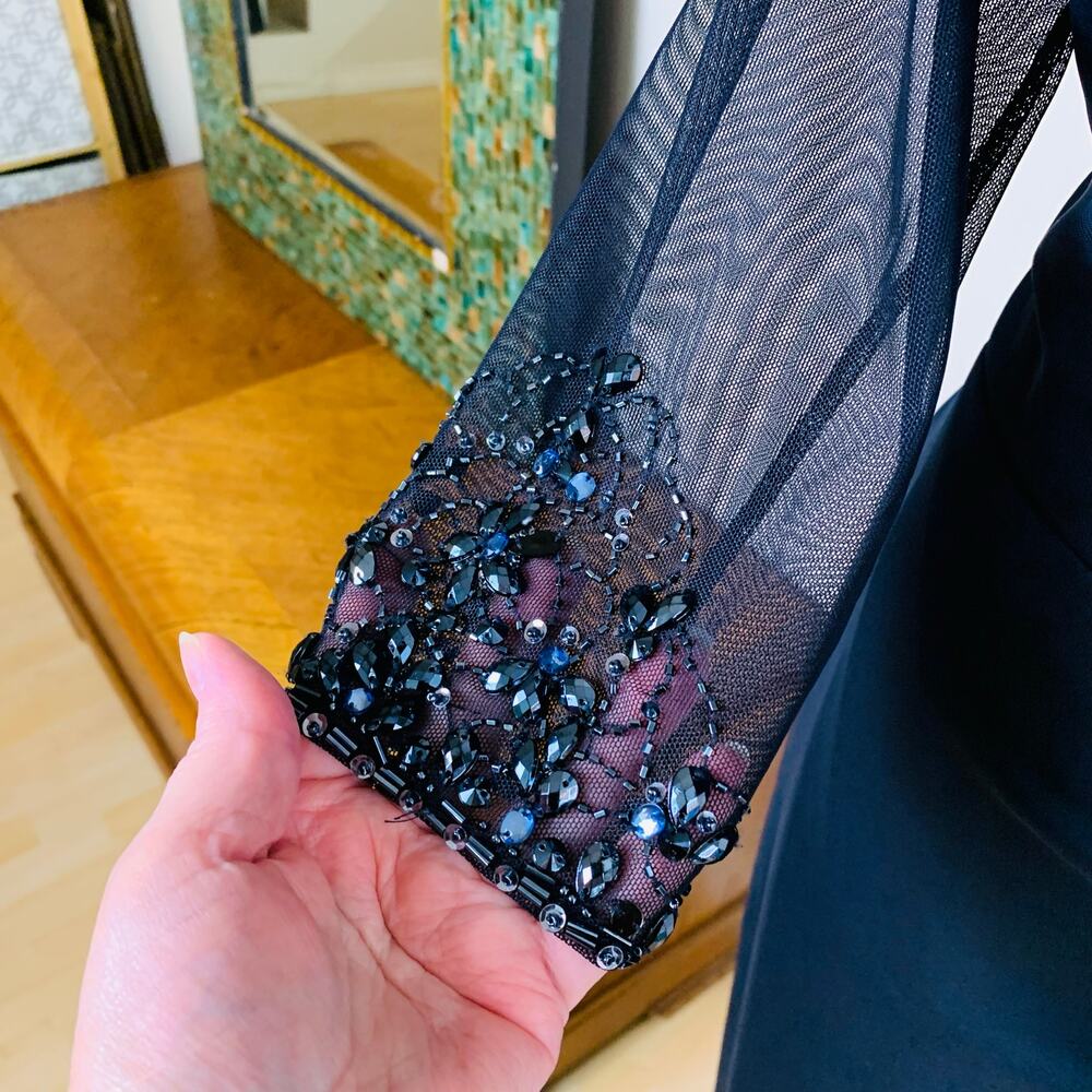 Patra Size 10 Illusion Jeweled Neck Draped Gown Dress Navy Blue Wedding Cocktail - Picture 6 of 14